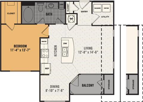 Floor plan for 1 bed, 1 bath, 767 sqft